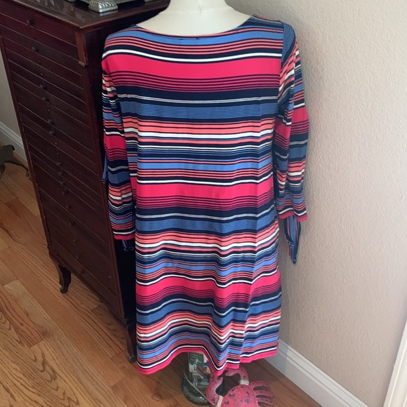 Cupio Bright Stripe Long “Peek-a-Boo” Tie Knot Sleeve Knit Dress - Picture 2 of 8